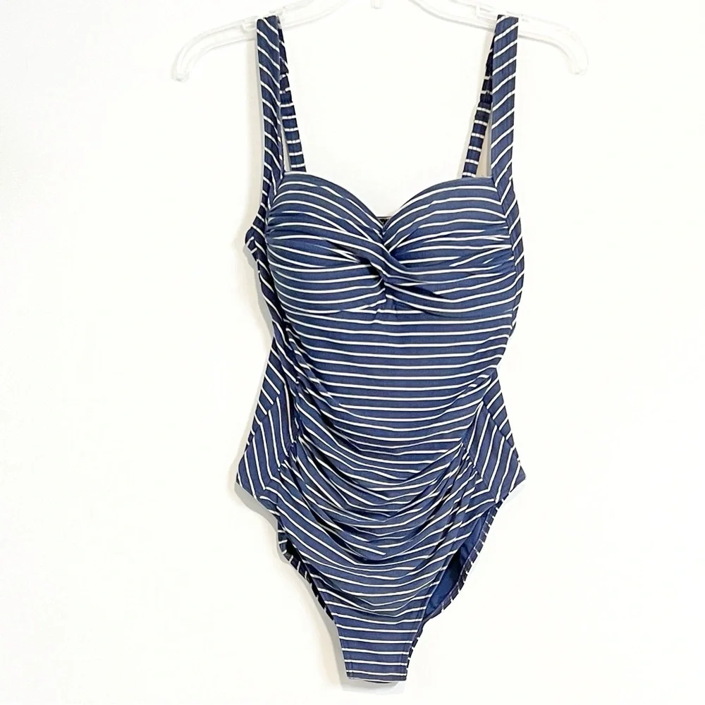 NipTuck Swim Blue White Striped One Piece Swimsuit Tummy Control Shirred Size 8